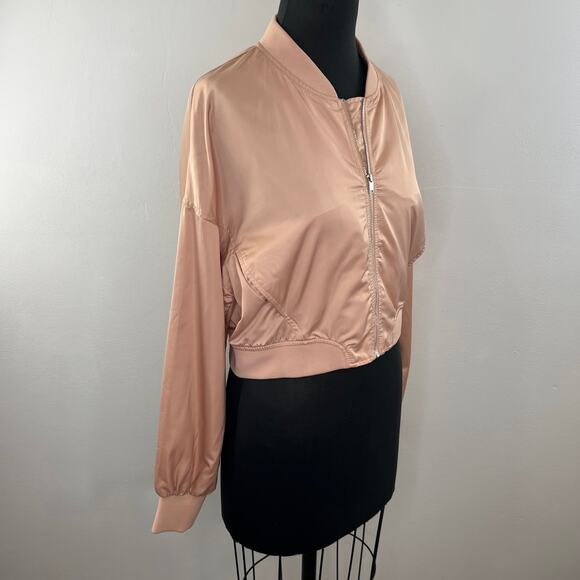 ZARA Pink Satin Full-Zip Cropped Bomber Jacket 3427/010 Drop Shoulder Relaxed M - Picture 2 of 6